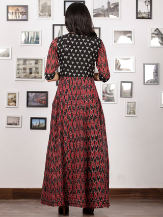Maroon Black Handloom Mercerised Ikat Long Cotton Princess Cut Dress - D279F1415