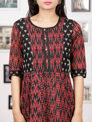 Maroon Black Handloom Mercerised Ikat Long Cotton Princess Cut Dress - D279F1415