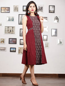 Maroon Ivory Grey Handwoven Ikat Knife Pleated Sleeveless Dress -  D276F1463