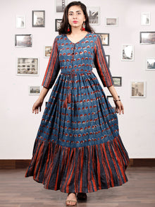 TRENDY RUSSET - Hand Block Printed Cotton Long Dress With Tie Up Waist -  D170F1336