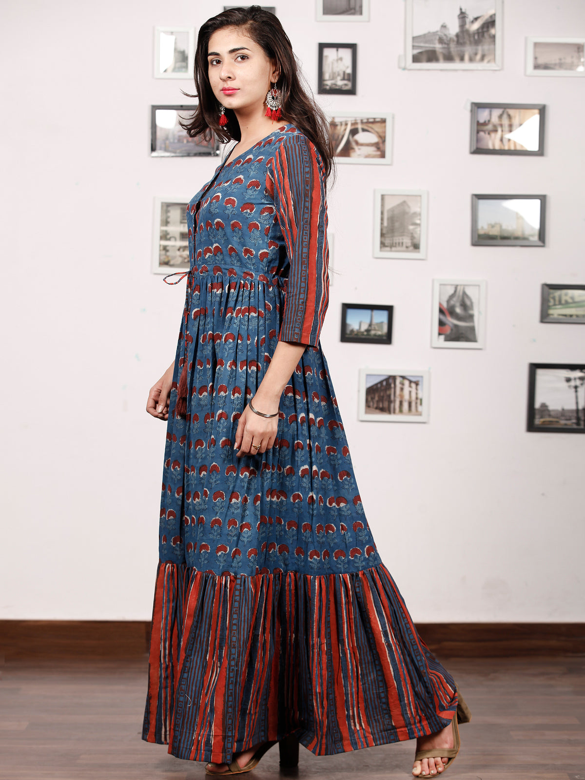 TRENDY RUSSET - Hand Block Printed Cotton Long Dress With Tie Up Waist -  D170F1336