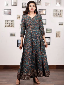Forest Charm - Hand Block Printed Cotton Long Dress With Back Knots - D162F1332