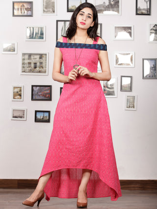Pink Blue White Handwoven Ikat Off Shoulder Asymmetric Cotton Long Dress -  D283F1473