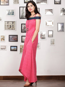 Pink Blue White Handwoven Ikat Off Shoulder Asymmetric Cotton Long Dress -  D283F1473