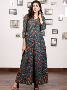 Forest Charm - Hand Block Printed Cotton Long Dress With Back Knots - D162F1332