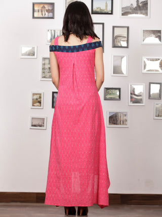 Pink Blue White Handwoven Ikat Off Shoulder Asymmetric Cotton Long Dress -  D283F1473