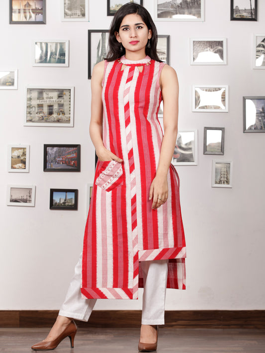 Red OffWhite Handloom Double Ikat Kurta With Embroidered Pocket & Back Zip - K92F759