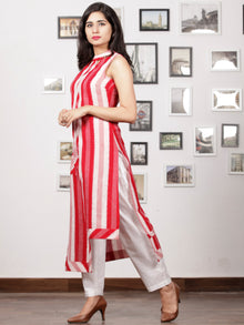 Red OffWhite Handloom Double Ikat Kurta With Embroidered Pocket & Back Zip - K92F759