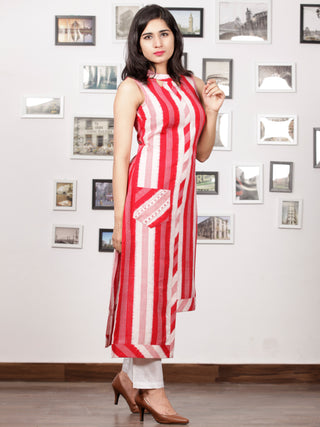 Red OffWhite Handloom Double Ikat Kurta With Embroidered Pocket & Back Zip - K92F759