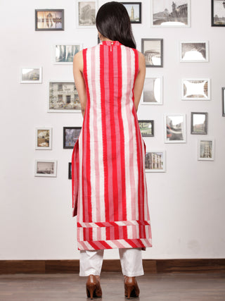 Red OffWhite Handloom Double Ikat Kurta With Embroidered Pocket & Back Zip - K92F759