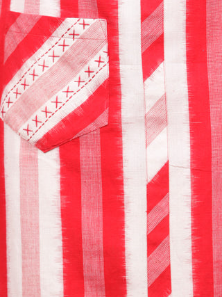 Red OffWhite Handloom Double Ikat Kurta With Embroidered Pocket & Back Zip - K92F759
