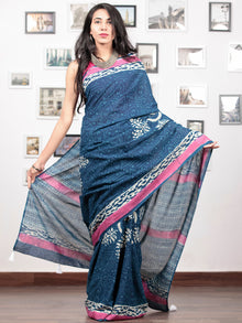 Indigo Pink White Hand Block Printed Cotton Mul Saree With Tassels  - S031703014