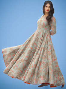 Mahek - Coral Grey Printed Urave Cut Long Dress With Tie Up Deep Back - D395F1992