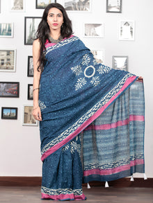 Indigo Pink White Hand Block Printed Cotton Mul Saree With Tassels  - S031703014