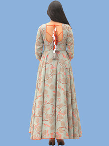 Mahek - Coral Grey Printed Urave Cut Long Dress With Tie Up Deep Back - D395F1992