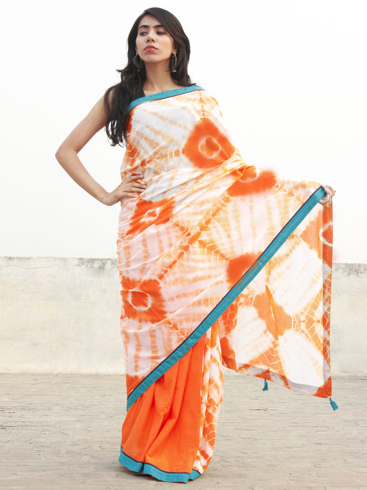 Orange Ivory Hand Shibori Dyed Saree With Teal Blue Border & Tassels - S031702555