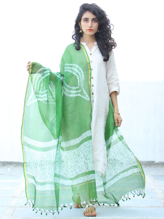 Green White Shibori Kota Silk Hand Block Printed Dupatta - D04170628