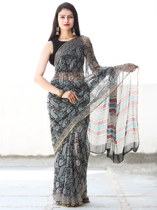 Beige Black Blue Hand Block Printed Chiffon Saree with Zari Border - S031703910