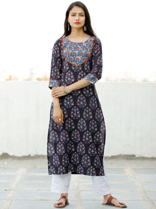 Deep Indigo Rust Ivory Hand Block Printed Cotton Kurta - K186F1837