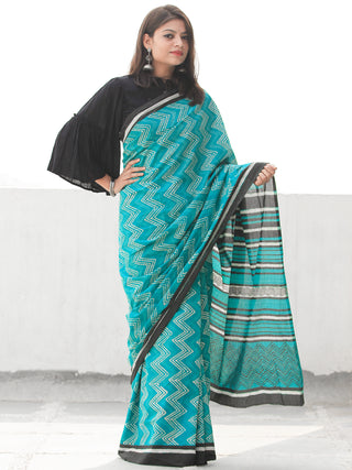 Sea Green Ivory Hand Block Printed  Cotton Mul Saree - S031704097
