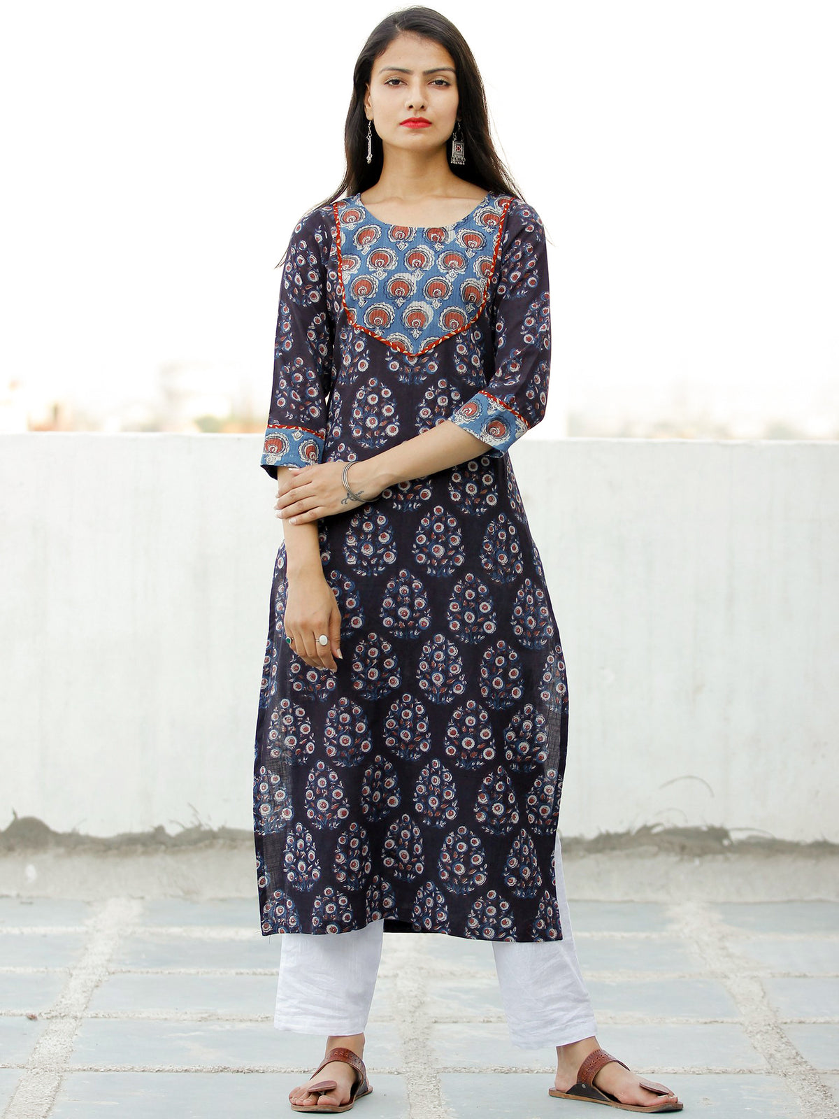Deep Indigo Rust Ivory Hand Block Printed Cotton Kurta - K186F1837