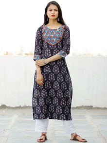 Deep Indigo Rust Ivory Hand Block Printed Cotton Kurta - K186F1837