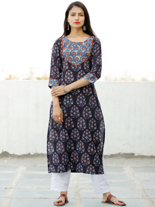Deep Indigo Rust Ivory Hand Block Printed Cotton Kurta - K186F1837