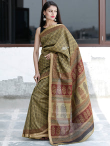 Olive Green Maroon Black Bagh Hand Block Printed Maheswari Silk Saree - S031703825