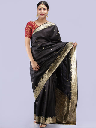 Banarasee Pure Katan Silk Handloom Saree With Zari Work - Black & Gold - S031704287