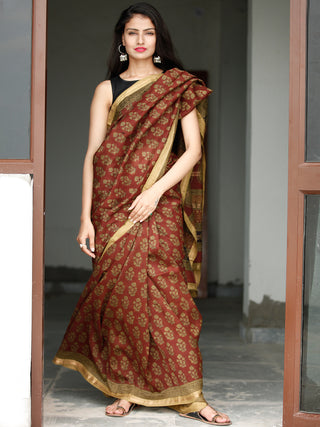 Rust Olive Green Black Bagh Hand Block Printed Maheswari Silk Saree - S031703816