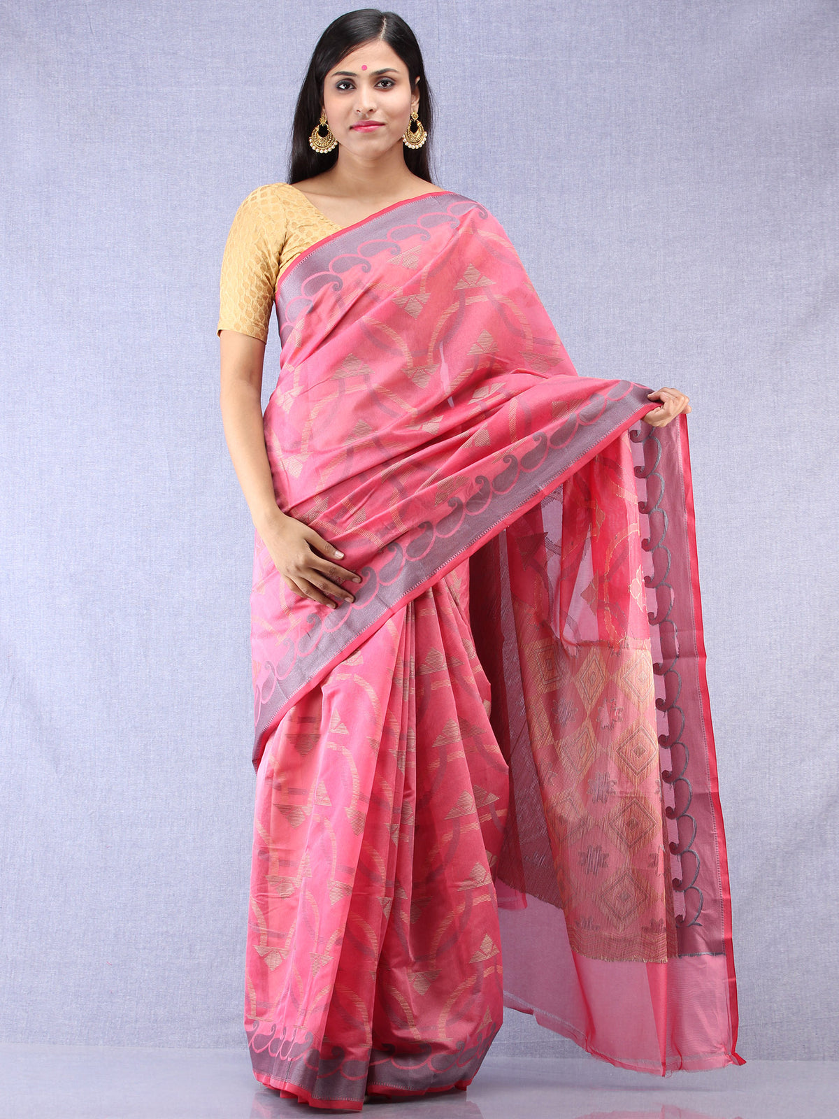 Banarasee Chanderi Silk Saree With Resham Work - Pink Grey Beige - S031704307