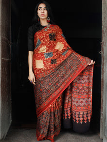 Red Beige Black Ajrakh Hand Block Printed Modal Silk Saree in Natural Colors - S031703356