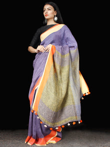 Purple Orange Green Linen Handloom Saree With Ganga Jamuna Border & Tassels - S031703440