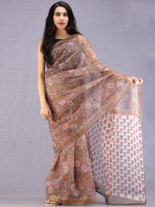 Grey Maroon Off white Mustard Hand Block Printed Kota Doria Saree - S031704582
