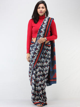 Indigo Ivory Red Hand Block Printed Cotton Mul Saree - S031704455