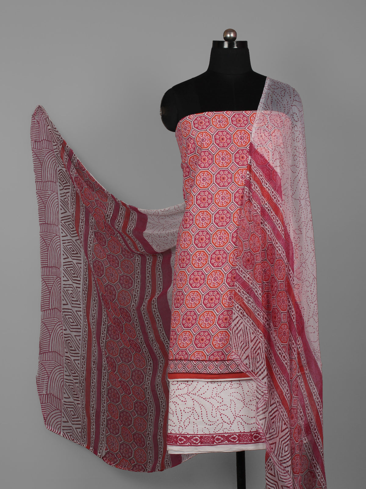 Red Pink Ivory Hand Block Printed Cotton Suit-Salwar Fabric With Chiffon Dupatta (Set of 3) - S16281276