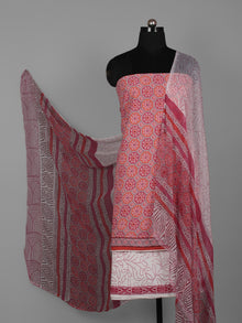 Red Pink Ivory Hand Block Printed Cotton Suit-Salwar Fabric With Chiffon Dupatta (Set of 3) - S16281276