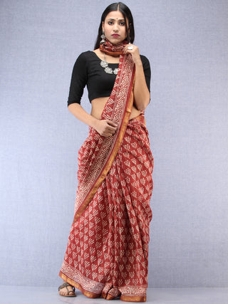 Rosewood Ivory Hand Block Printed Maheshwari Silk Saree With Zari Border - S031704478