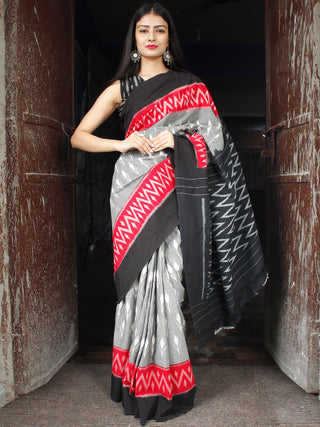Grey Black Red Ikat Handwoven Cotton Saree - S031703998