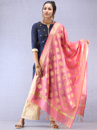 Banarasi Chanderi Dupatta With Zari Work - Pink & Gold - D04170789