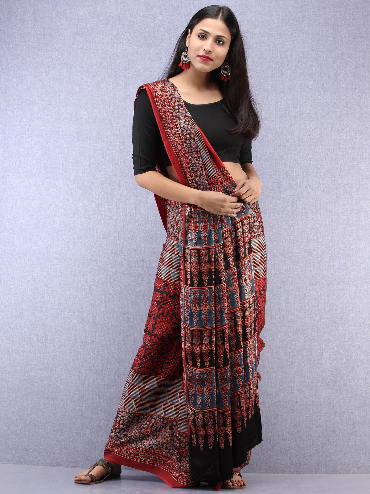 Red Beige Black Indigo Ajrakh Hand Block Printed Modal Silk Saree - S031704443