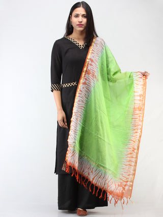 Kota Doria Tie & Die Dupatta  With Zari Border - Parrot Green & Orange - D04170891