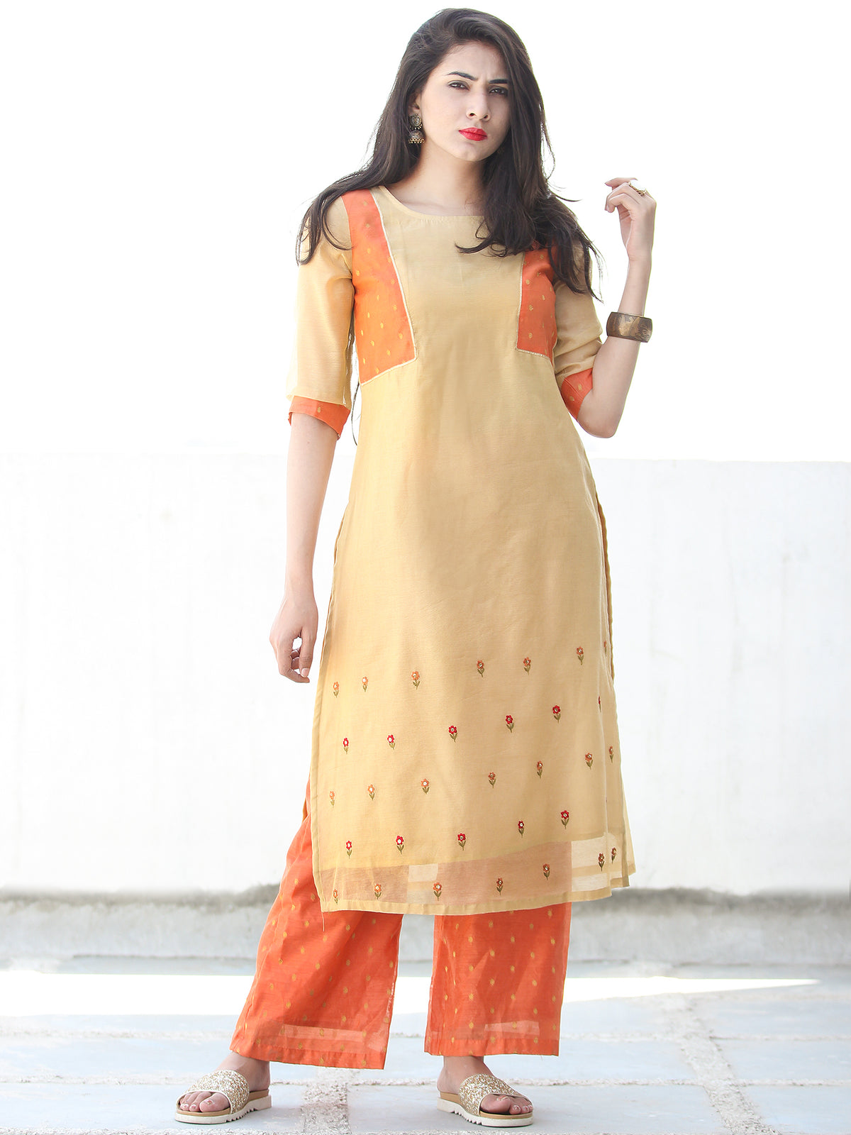 Sequence Embroidery - Beige Orange Golden Chanderi  Kurta & Pants Sets  - Set of 2  - SS01F060