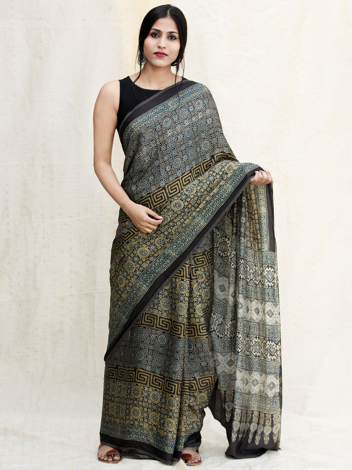Black Green Indigo Ajrakh Hand Block Printed Modal Silk Saree in Natural Colors - s031704243