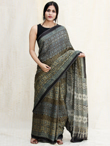 Black Green Indigo Ajrakh Hand Block Printed Modal Silk Saree in Natural Colors - s031704243