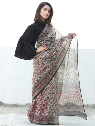 Beige Red Black Hand Block Printed Kota Doria Saree In Natural Colors - S031704069
