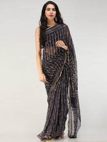 Black White Hand Block Printed Chiffon Saree with Zari Border - S031704552