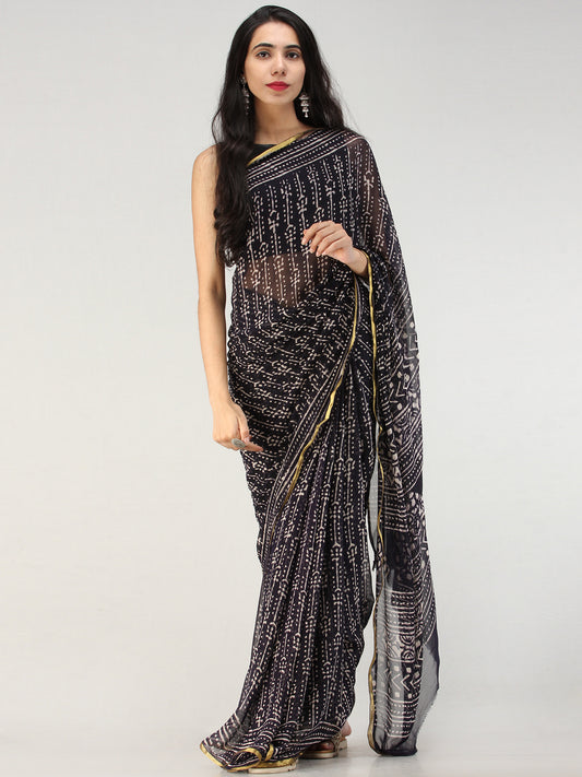 Black White Hand Block Printed Chiffon Saree with Zari Border - S031704552