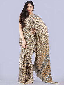 Ivory Indigo Mustard Ajrakh Hand Block Printed Modal Silk Saree - S031704230