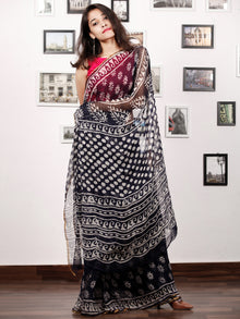 Deep Indigo White Hand Block Printed Chiffon Saree with Zari Border - S031703152